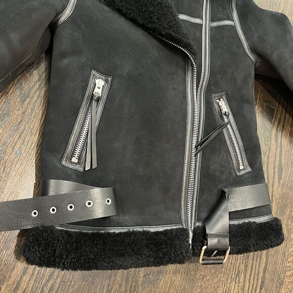 All Saints Rei Jacket Womens Small Black Shearling Sheepskin Lamb Leather Biker - Picture 13 of 16